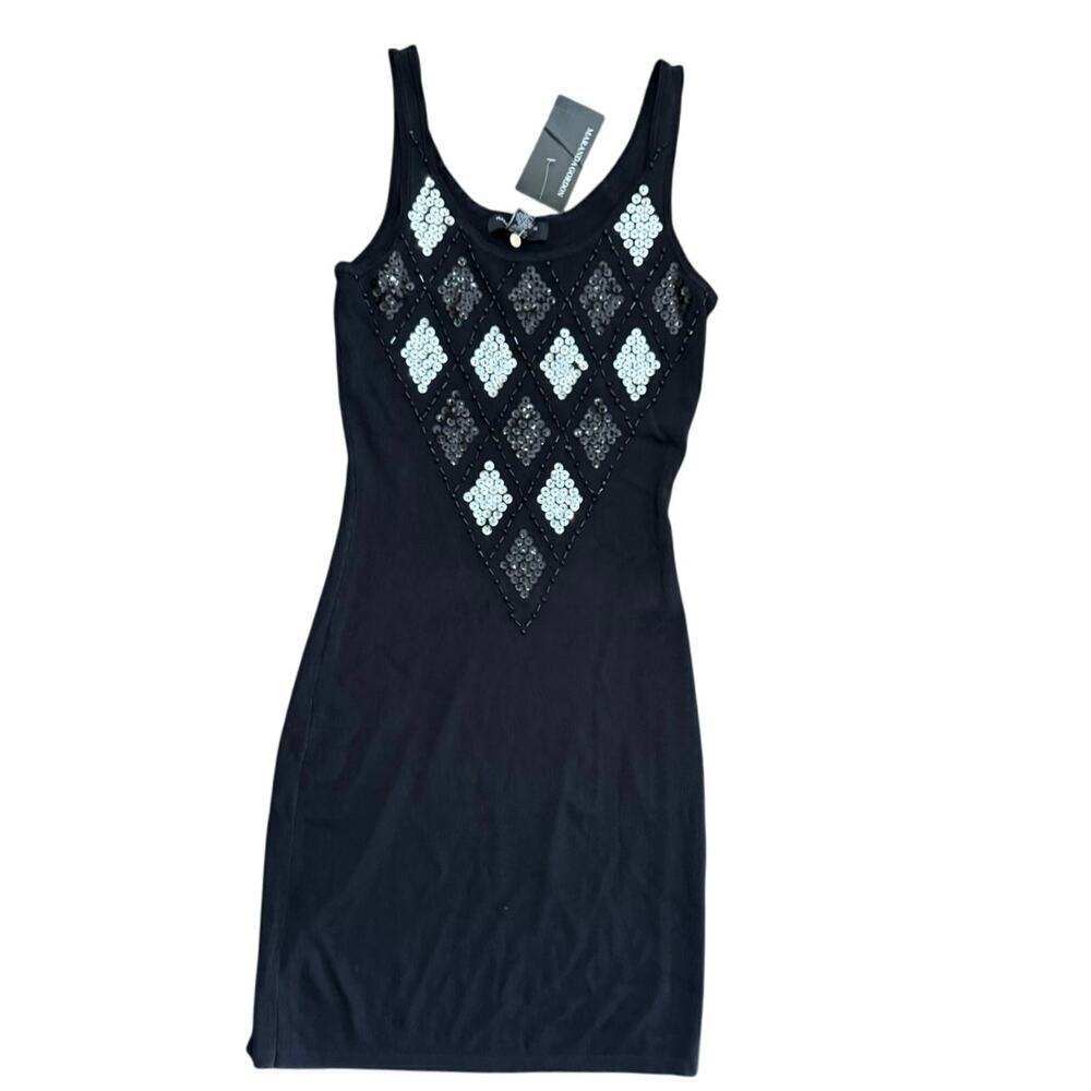 NWT Maranda Gordon Women's Black Beaded Diamond Pattern Mini Dress Size Medium